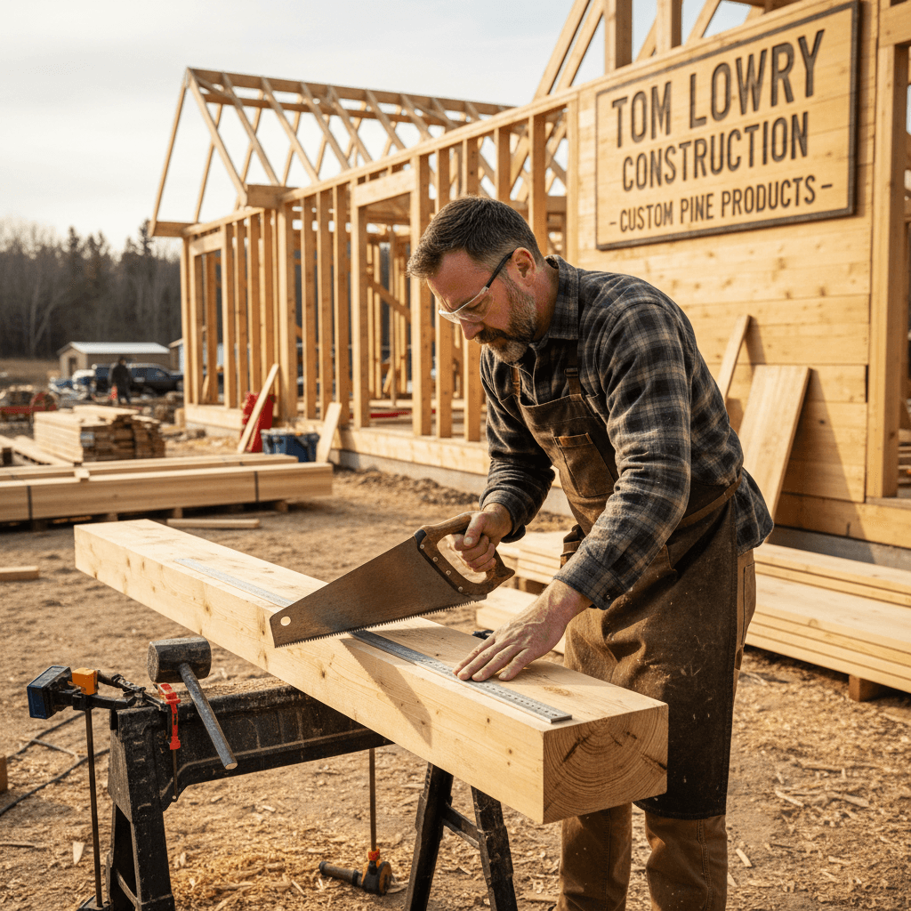 Builder measuring and cutting custom pine lumber by hand