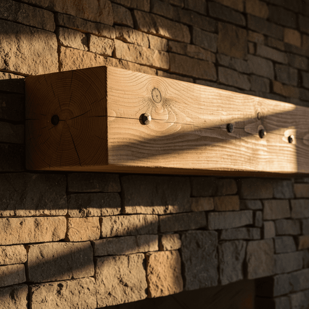 Thick pine mantel beam above a fireplace