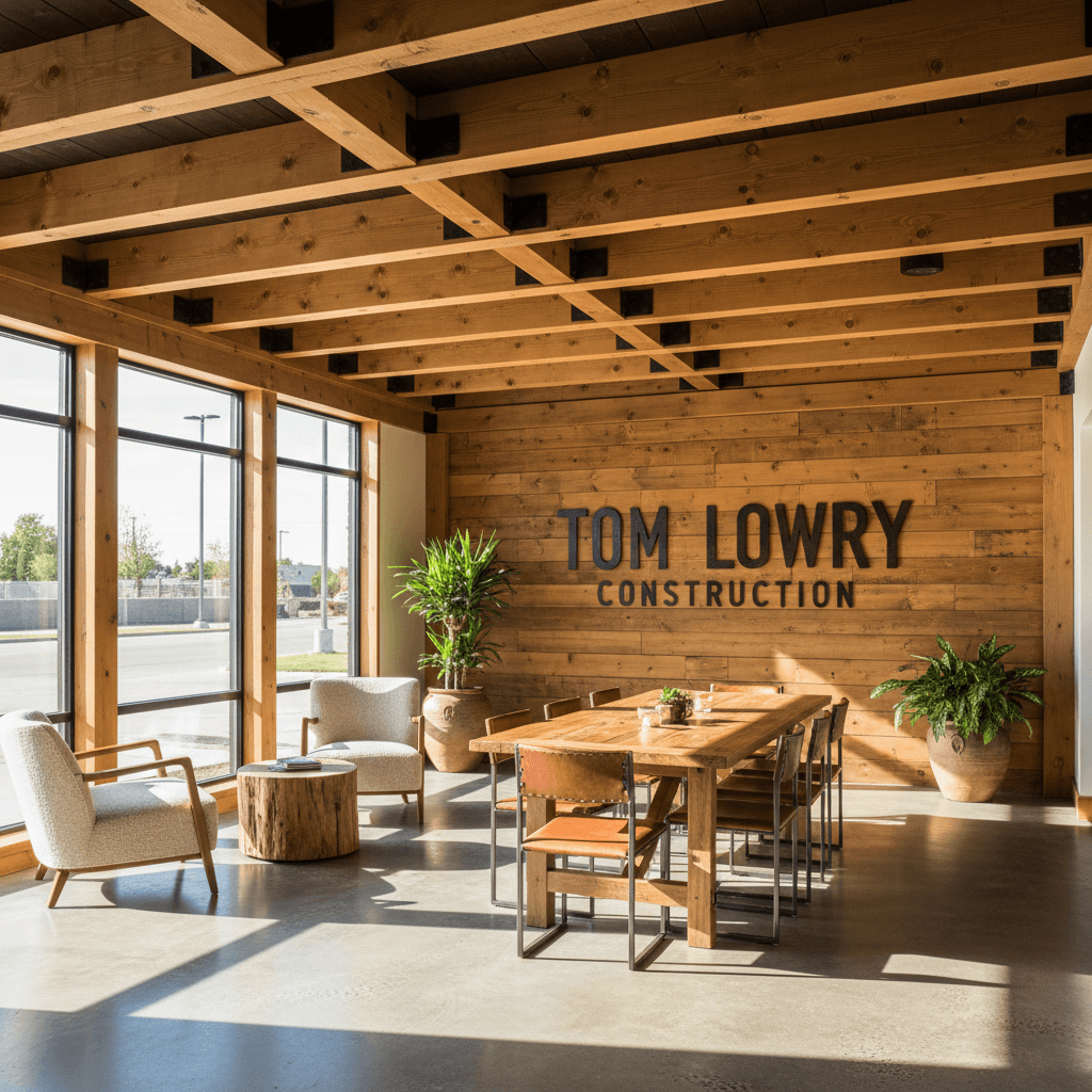 Finished small commercial space with exposed wood beams