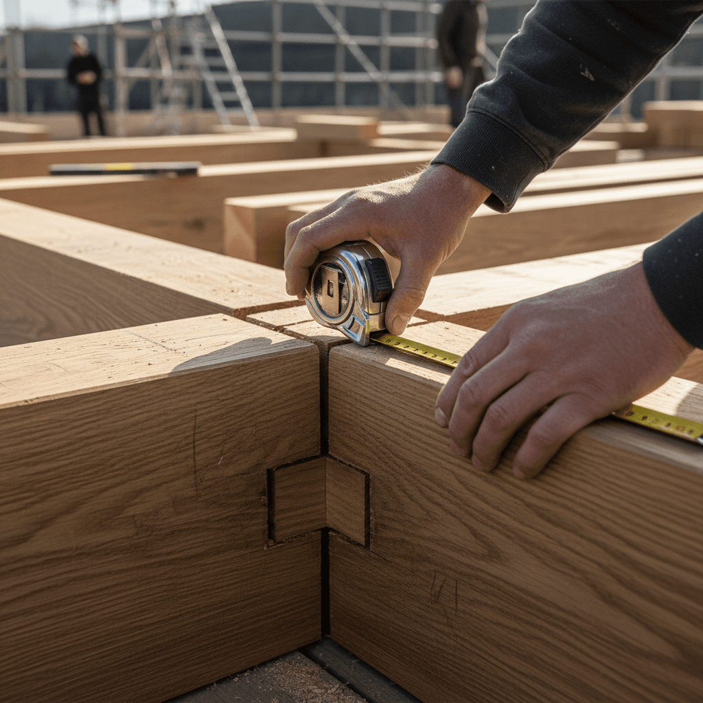 Close-up of a builder's hands measuring a wooden joint on a construction site