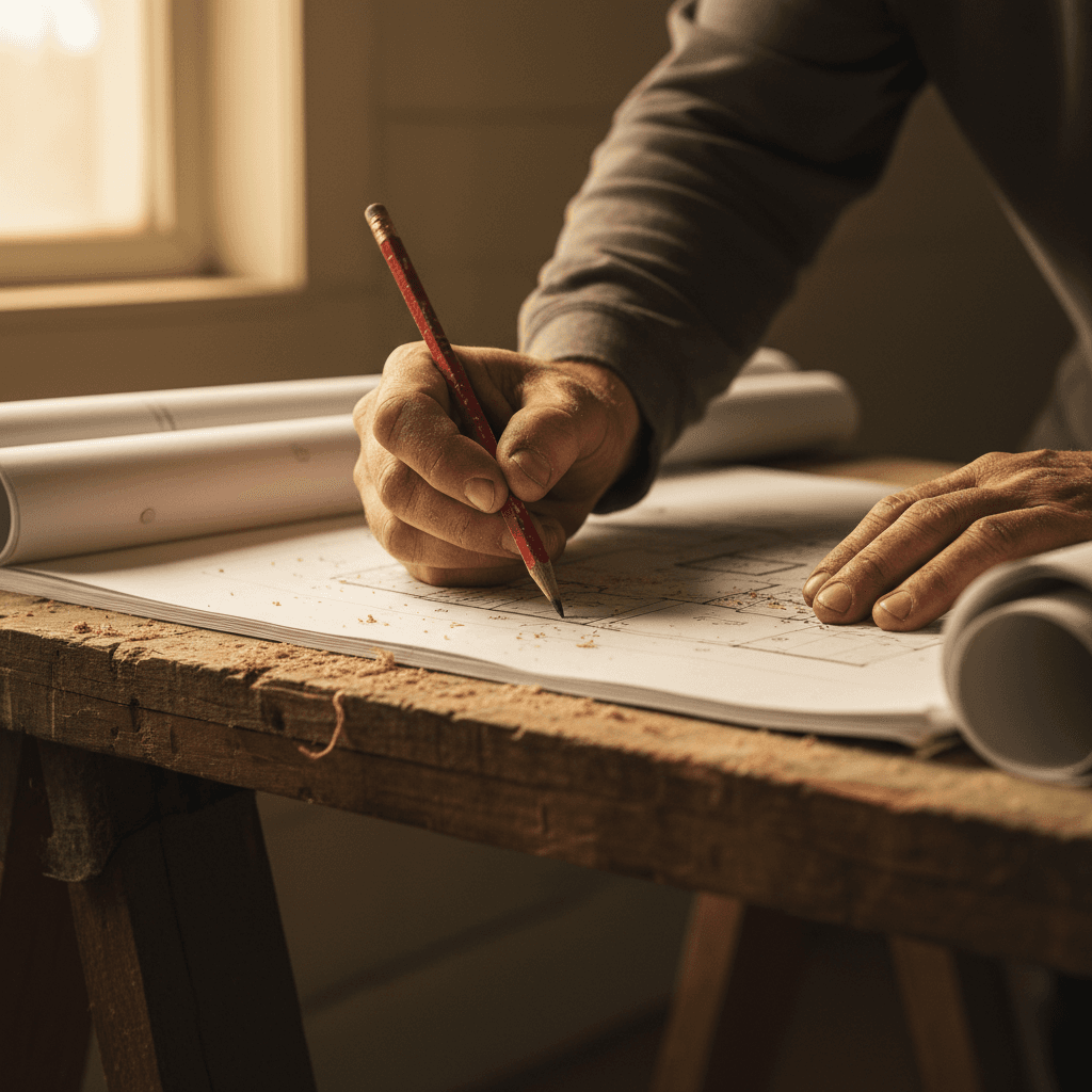 Builder's hands holding a pencil over blueprints for a custom home