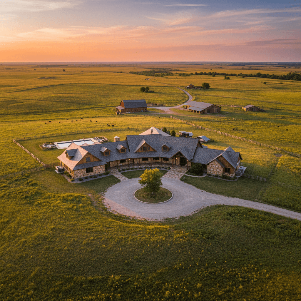 Aerial view of a custom-built ranch home on the Kansas prairie at golden hour