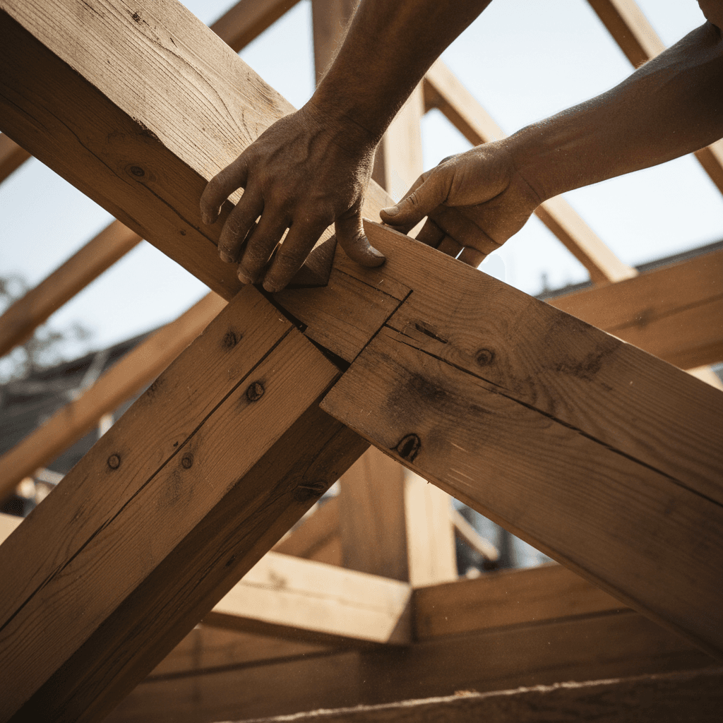 Carpenter installing custom pine trusses