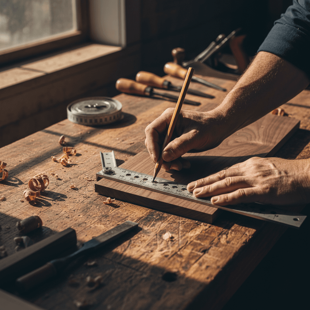 Builder's hands measuring a pine board on a sawhorse at a job site