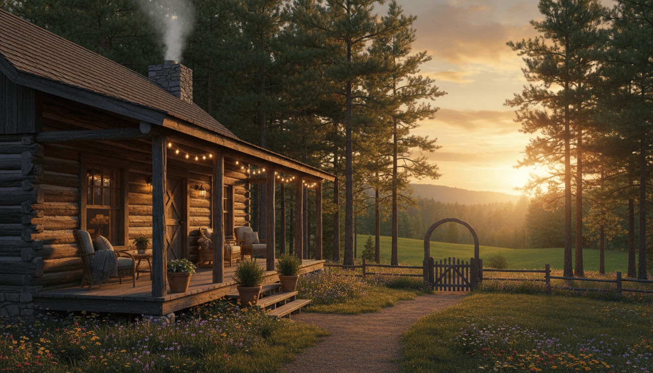 Rustic wooden cabin surrounded by pine trees at golden hour, with welcoming porch and garden path leading to entrance