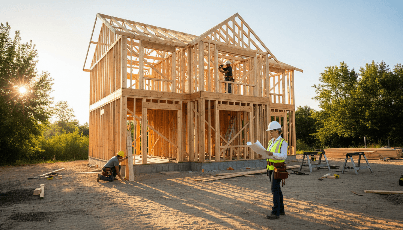 Construction workers building wooden-framed residential home during golden hour with blueprints and scaffolding visible
