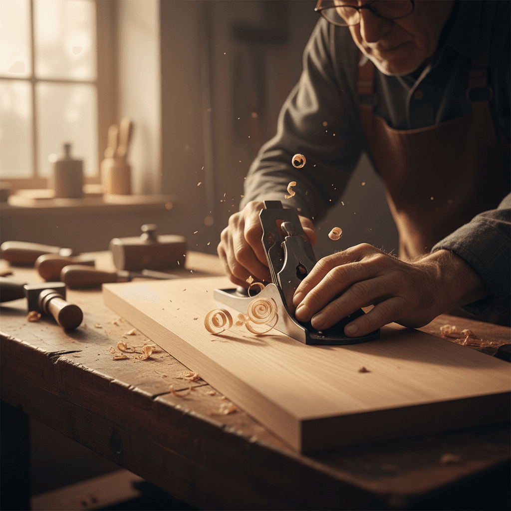 Builder's hands holding a pine wood plank in a workshop