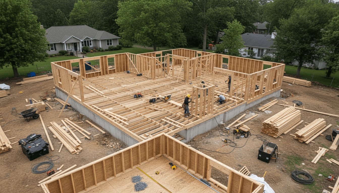 Builder framing a new home wall on a rural job site