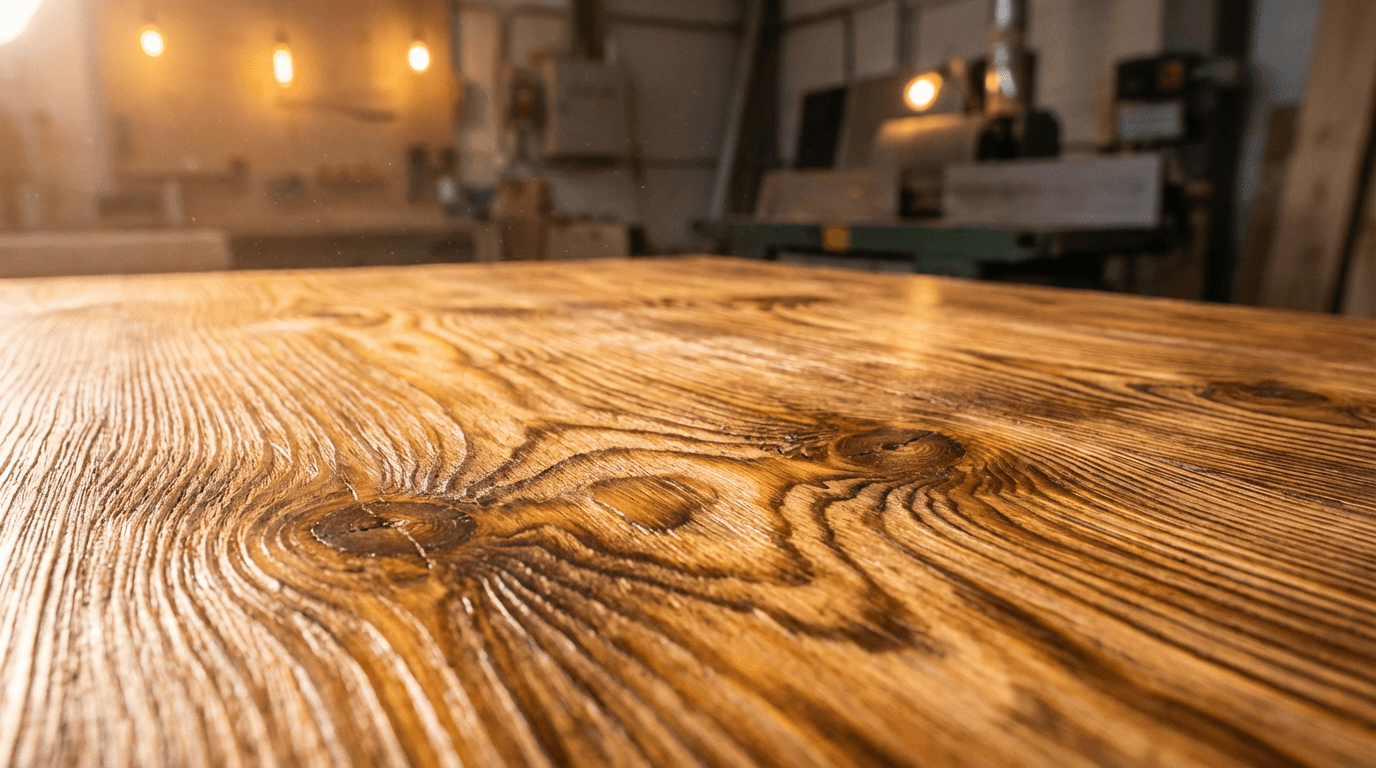 Builder's hands stacking fresh cut pine lumber in a workshop