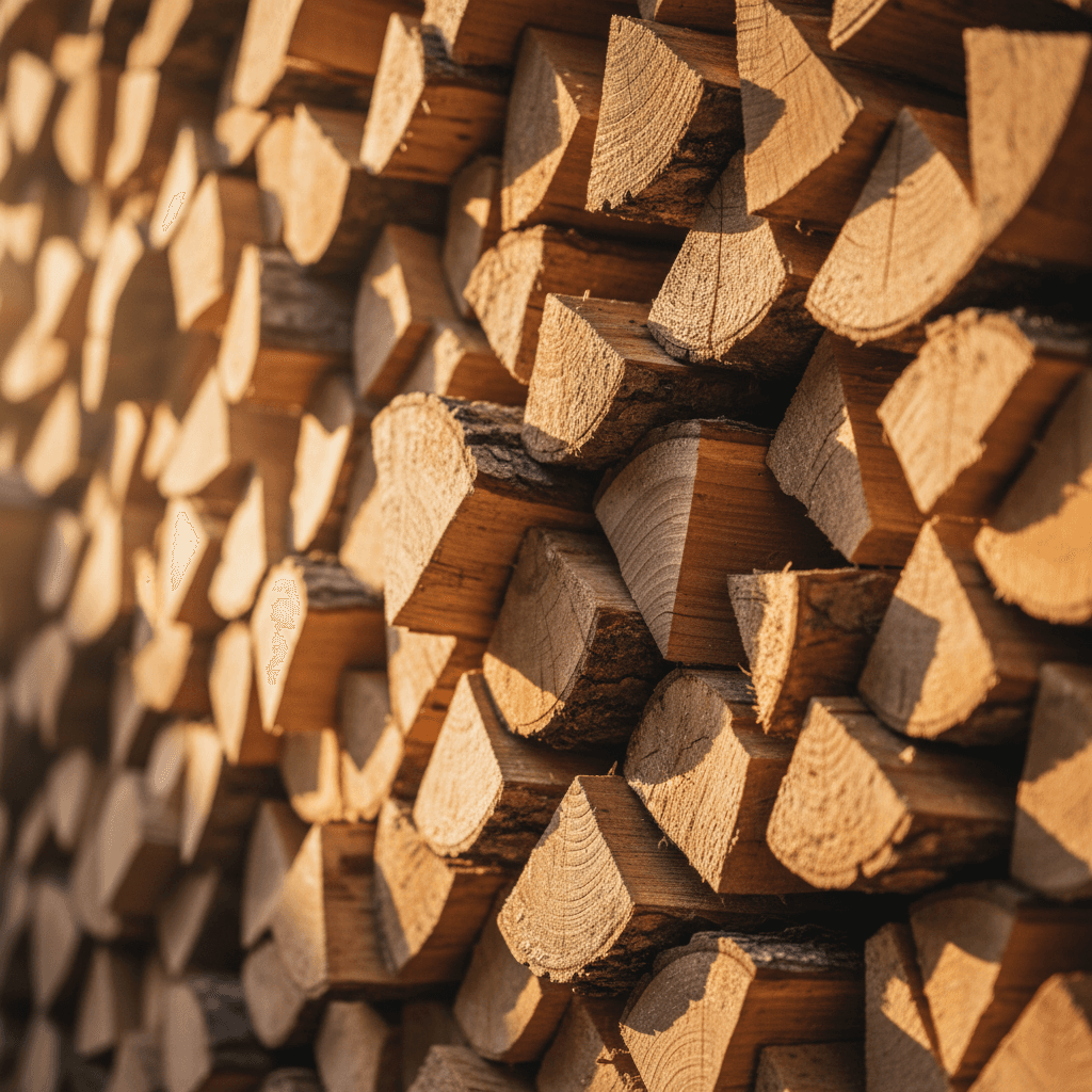 Stacked rough-sawn pine boards in the lumber yard