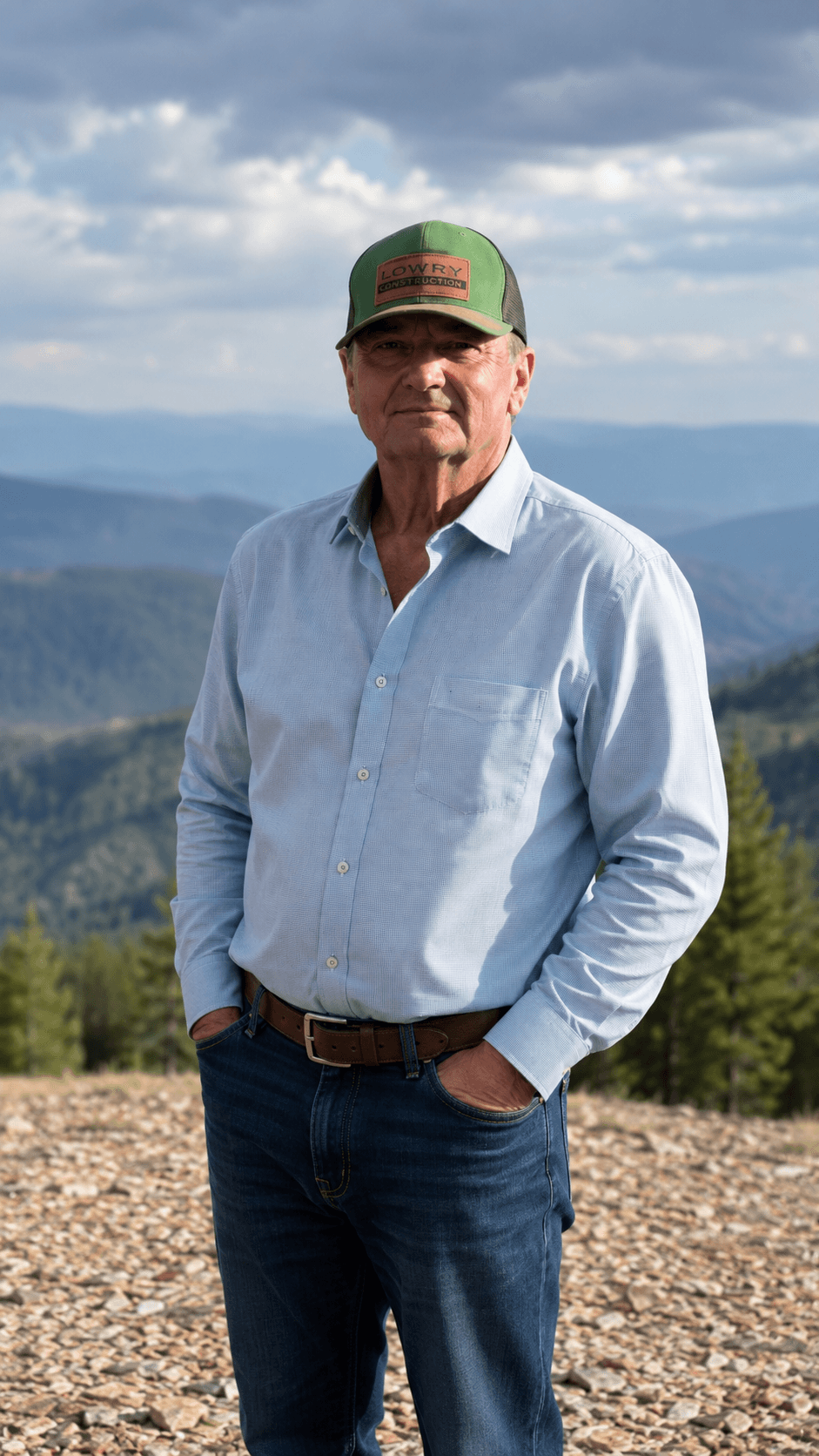 Older man in a green cap and blue shirt standing before a scenic mountain range.